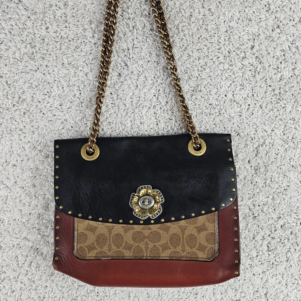 Coach Parker 1941 Rivets Chain Bag Signature Canvas Leather Genuine Snakeskin